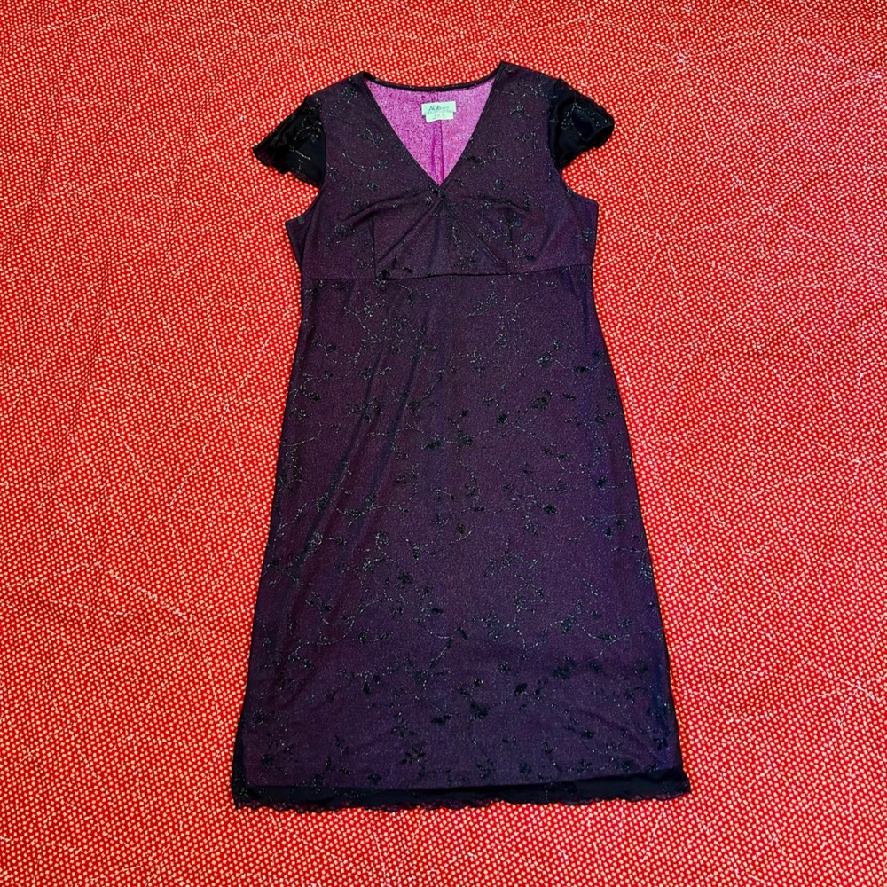 AGB Dress Byer California Vintage 90s Purple Glitter Floral Mesh Overlay Size 16